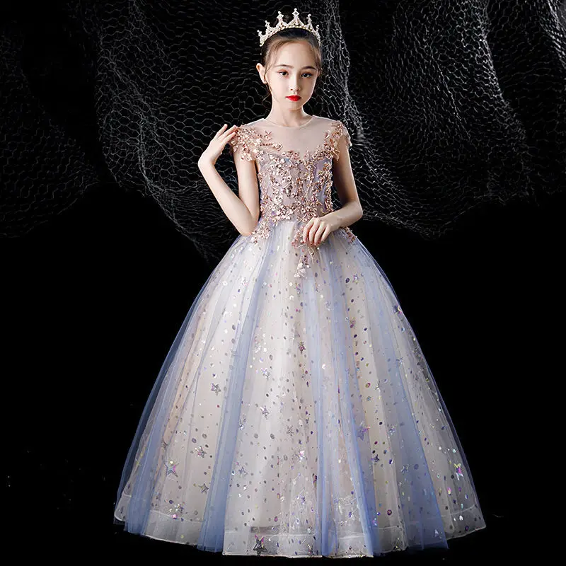 

Kids Girls 2022 Summer New Sequin Lace Mesh Birthday Long Dresses Children Clothing Elegant Wedding Party Ball Gown Dresses L87