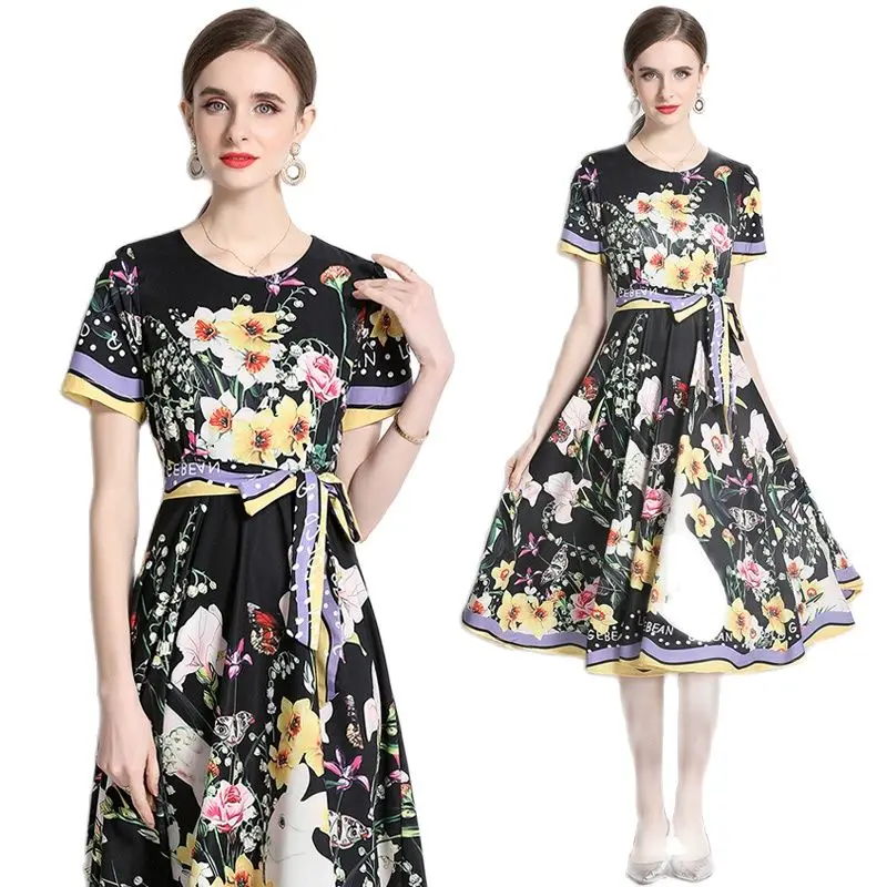 

Summer Floral Slim Midi Black Dress Short Sleeve 2023 Women Designer O-Neck Vacation Lace Up Bow Party Casual Dresses Ballgown