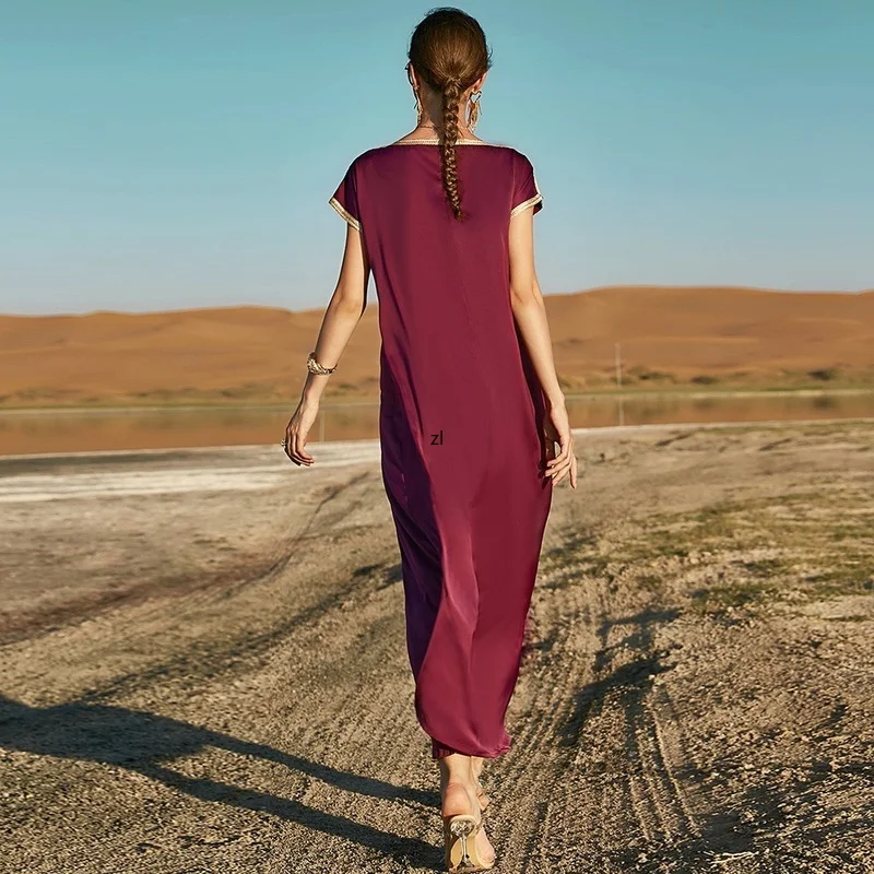 Moroccan Kaftan Vintage Dress Handsewn Diamonds Jellaba Short Sleeve Long Dresses Muslim Dubai Saudi Abaya Jalabiya Evening Robe