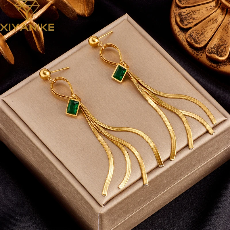 

XIYANIKE 316L Stainless Steel Earrings for Women Tassel Green Zircon Square Elegant Vintage Simple Creative Party Jewelry Gifts