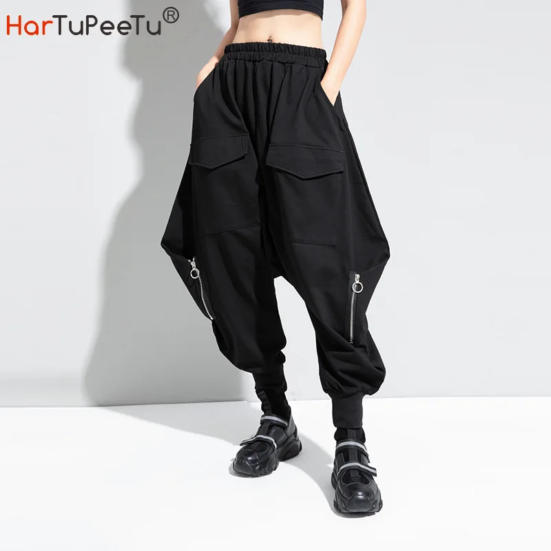 

Loose Black Harem Pants Women Autumn Winter 2022 Long Trousers Elastic High Waist Pockets Zipper Drop Crotch Hip Hop Streetwear