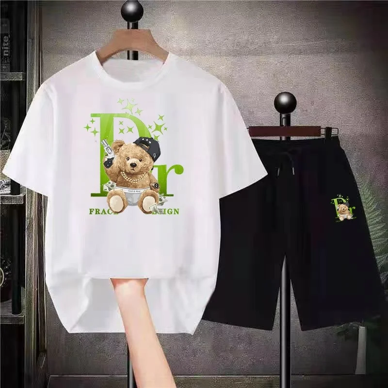 Mens Luxury Oversized Streetwear Funny Anime Tracksuits Hip Hop Bear Unisex T-Shirt Sets Summer Shirt Short Suit Fashion Outfits