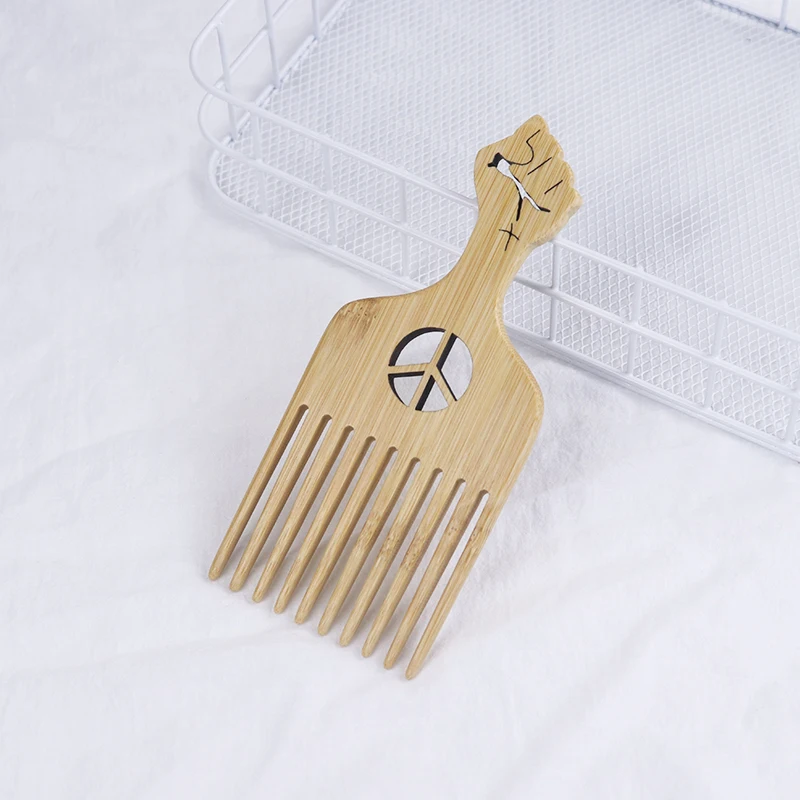 

Custom Logo Bamboo Wooden Hair Pick Detangle Comb Wide Tooth African Afro Hair Styling Comb With Fist Handle