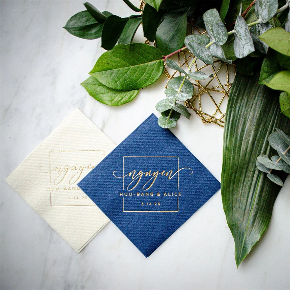 50PCS Square Monogram Linen-Like Wedding Cocktail Napkins Custom Linun Beverage Gold Foil Party Wedd