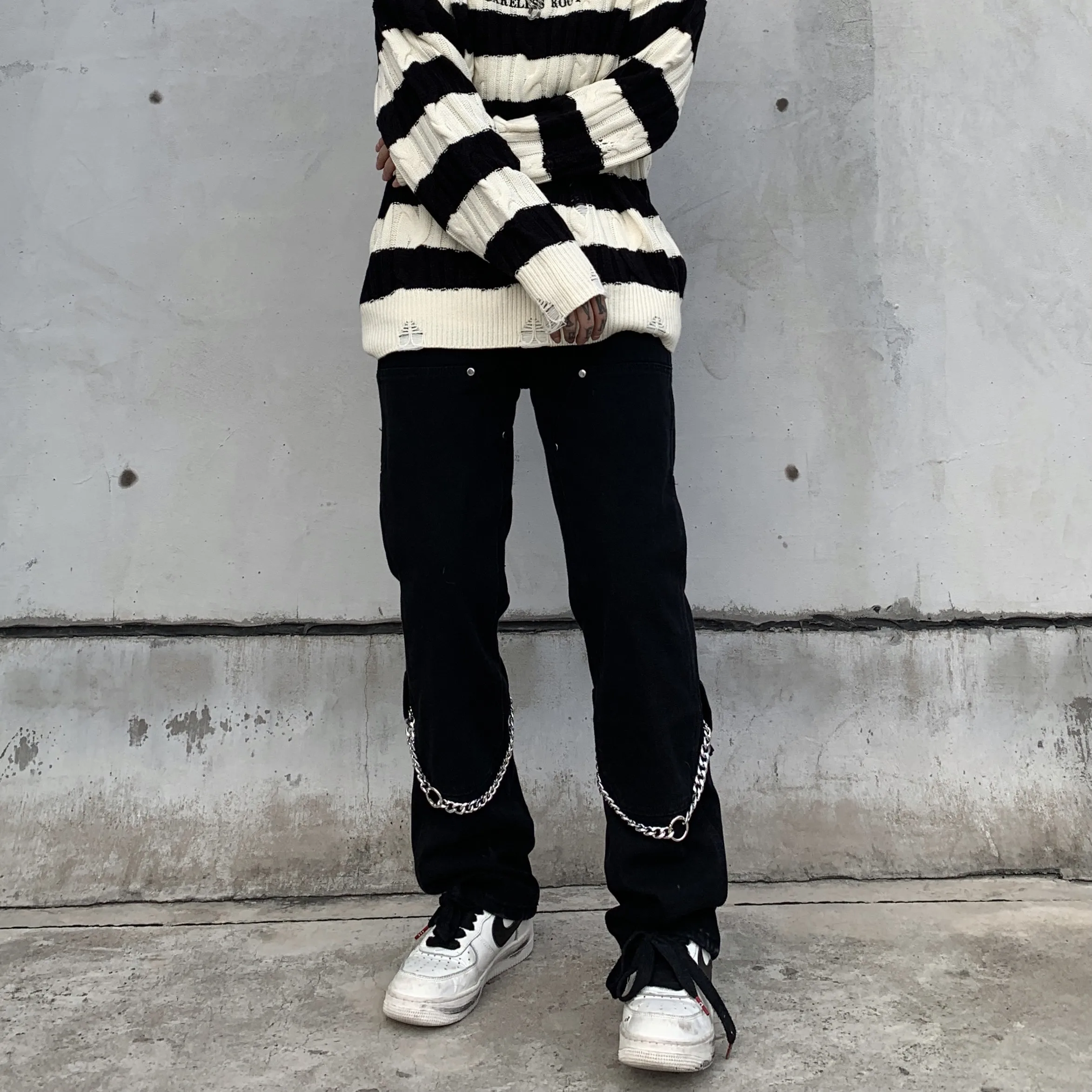 Men's Korean Casual Streetwear Black Harajuku Vintage Jeans Graffiti Wide Leg Baggy Straight Denim Pants Trousers