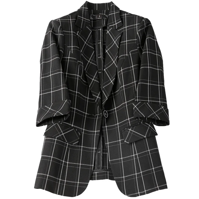 2022 New Spring Plaid Blazer Women Casual Short Small Suit Lady Single Button Three Quarter Office Women's Suit Jacket Ladies