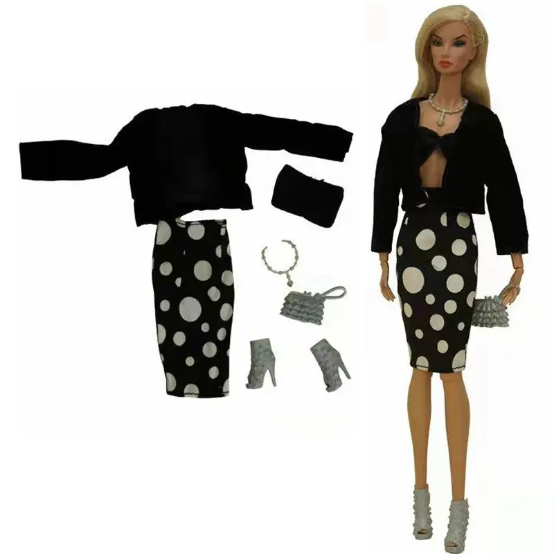 

Charming Black 11.5" Doll Outfits Set For Barbie Doll Clothes Coat Tops Polka Skirt Shoes Bag 1/6 BJD Dollhouse Accessories Toys