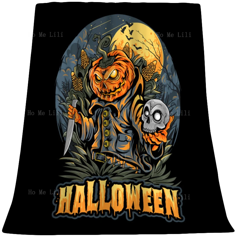 

Hand-Painted Halloween Scarecrow With Ghostly Pumpkins On A Dark Night Flannel Suitable For All Seasons Blanket