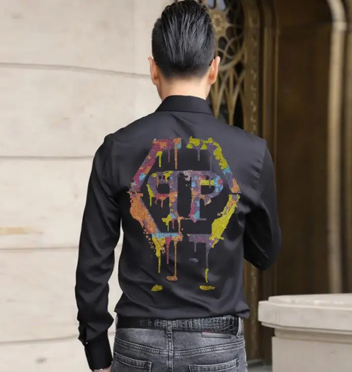 

New Fashion Men shirts Diamond Rhinestone long Sleeve Set Male Clothing