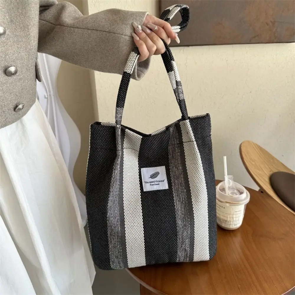 Полосатая холщовая большая сумка женская сумка-тоут Сакура Кубу черного