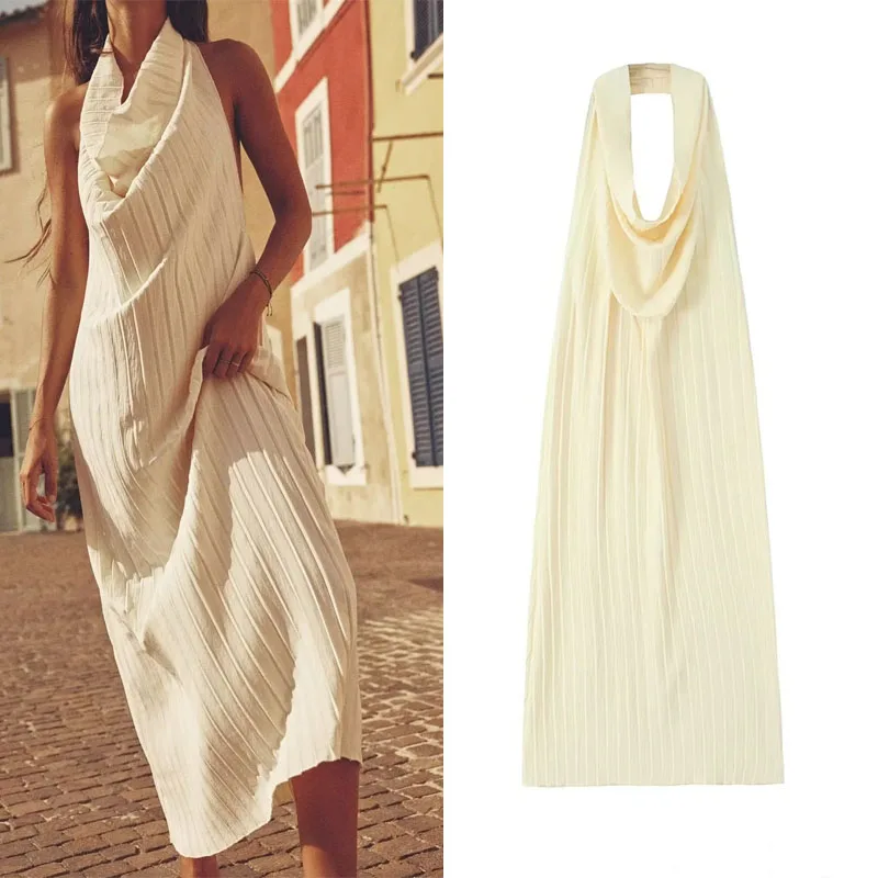 

TRAF Pleated Halter Dress For Women 2023 Fluid Halter Neck Design Party Dresses For Prom Sexy Backless New Evening Dresses