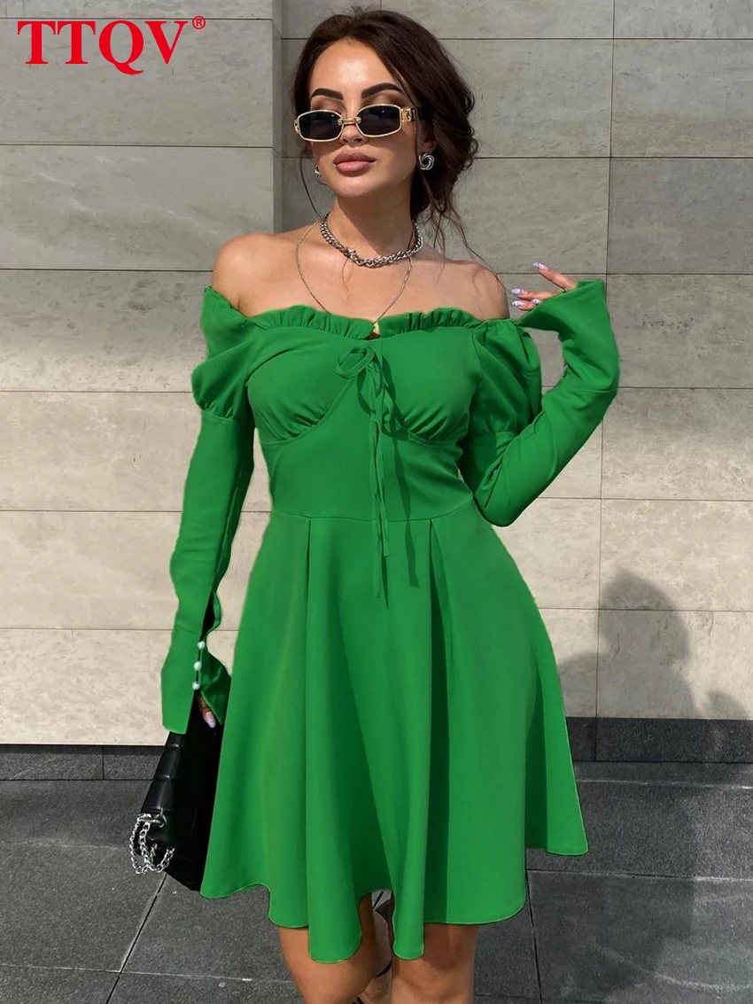

TTQV Elegant Green Strapless Womens Dresses Fashion Long Sleeve Lace-up Dresses Spring Casual High Waisted Mini Dress Streetwear