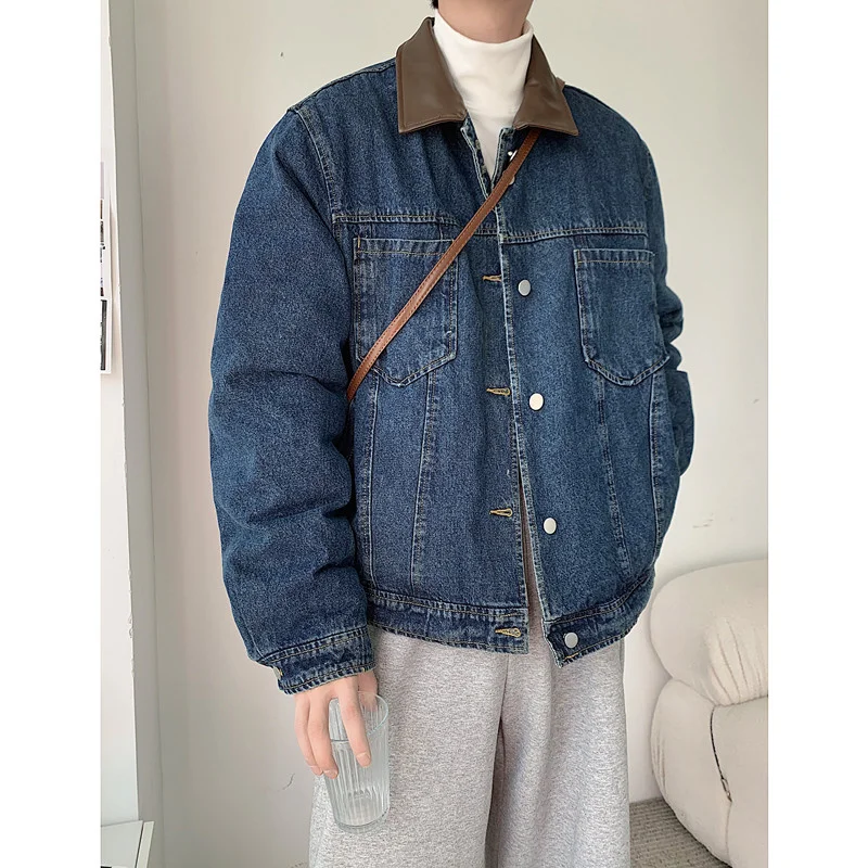 Winter Jacket Men Warm Fashion Blue Thicken Pocket Denim Jackets Mens Streetwear Korean Loose Thick Short Coat Mens Outwear