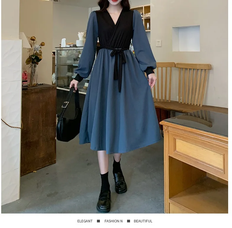 

Autumn/Winter Women's Dress Casual Fashion Long Sleeve A-LINE Mid-Calf V-Neck Patchwork