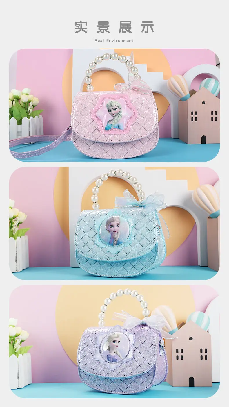 Disney Elsa Princess New PU Children's Cartoon Anime Sweet Messenger Bag Going Out Portable Elegant Pearl Bow Ribbon Handbag
