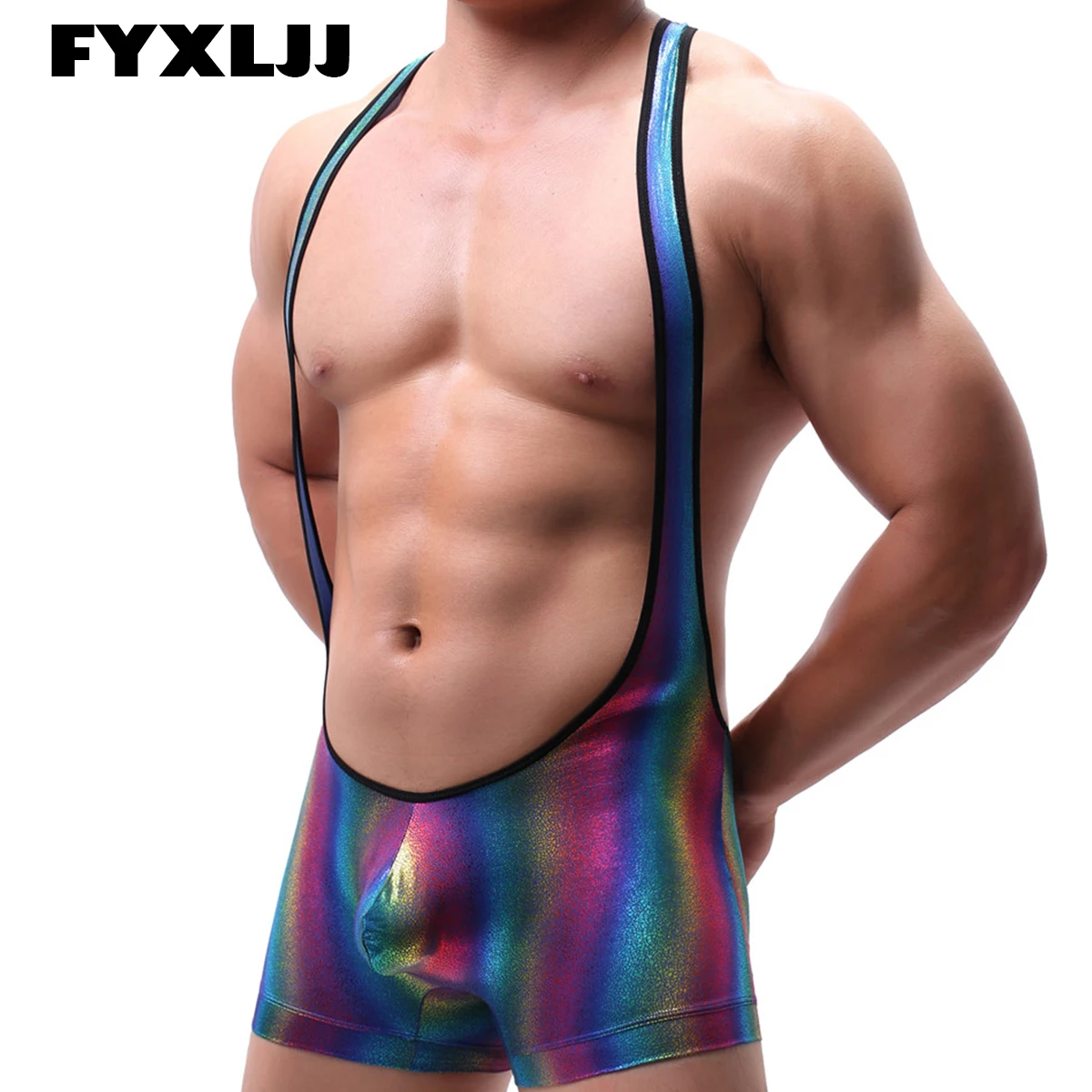 

FYXLJJ Mens Sexy Striped Leather Bodysuit Wrestling Singlet Boxers Jumpsuits Underwear Gay Faux Leather Leotard Jumpsuit Teddies