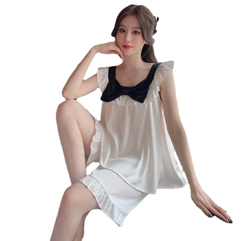 Silk Pajamas for Women Summer Thin Sexy Cool Sleeveless Ruffled Sling Home Service Suit Solid Color Sweet Simple Bow Sleepwear