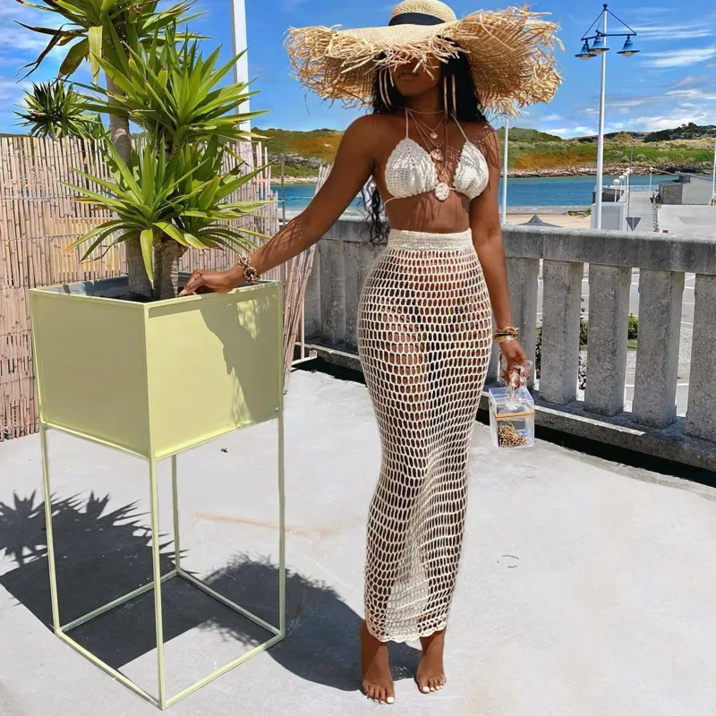 

Summer Women Hollow Out Jumper Knit Skirt Suit V Neck Bra Top+ Skirt Suit Sleeveless Sexy Fishing Net Perspective Two Piece Set