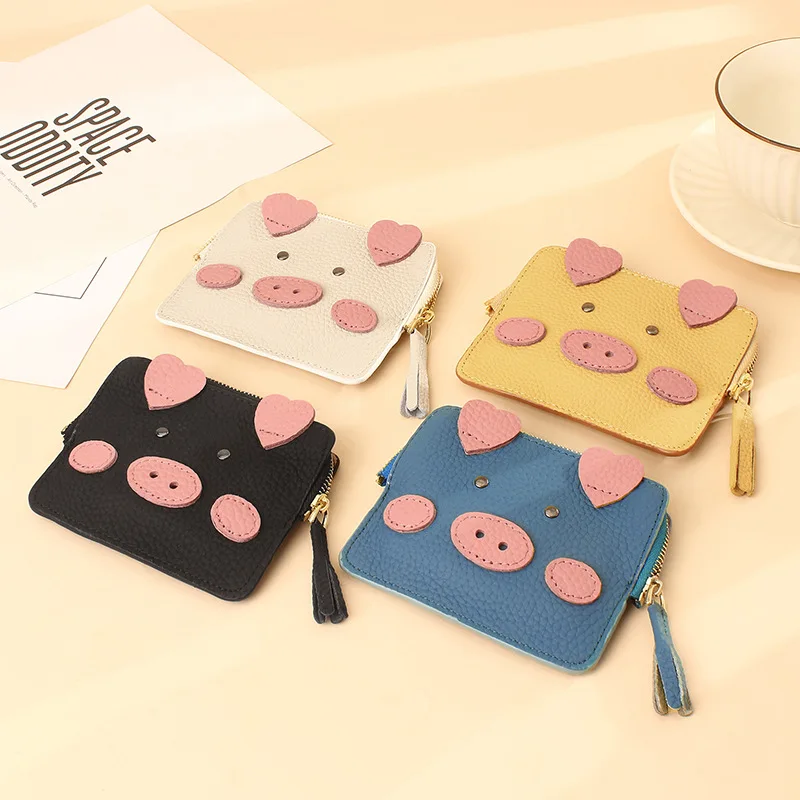 

Frist Layer Cow Leather Lovely Pig Coins and Dollar Bills Purse Cutey Black Pink Traffic Card Holder Mini Money Clip for Girls