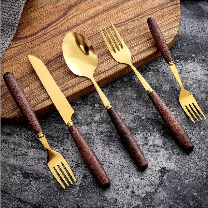 

Wooden Handle Cutlery Set Steak Knife Spoon Fruit Fork Tableware Set 304 Stainless Steel Dinnerware Set