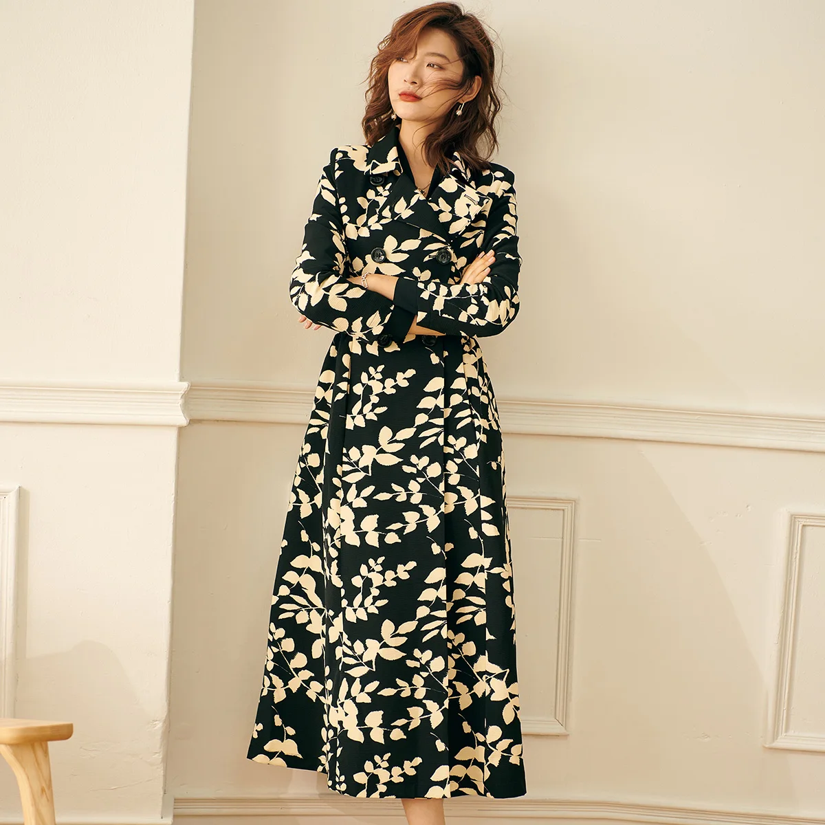 

Женское двубортное пальто, Длинная ветровка с длинным рукавом и цветами, пальто в Корейском стиле для весны и осени, 2022