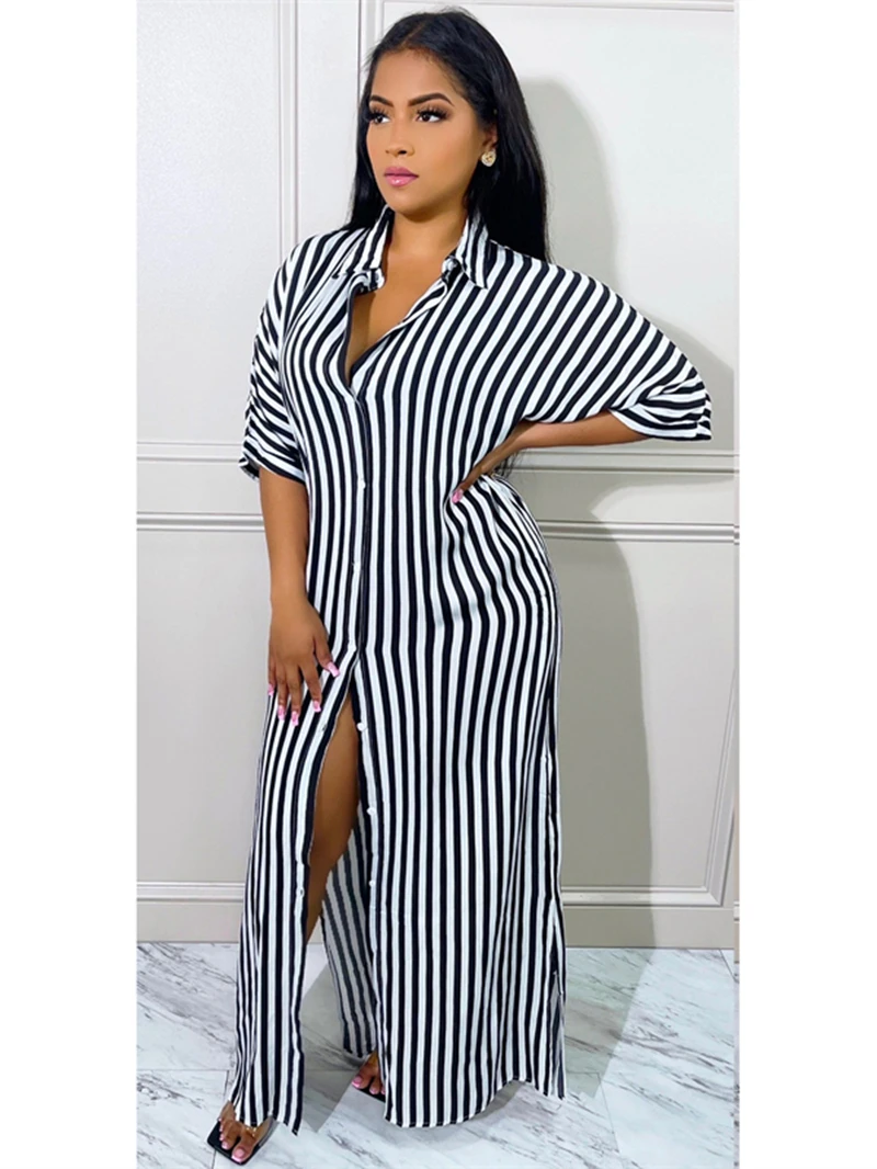 

Streetwear Striped Shirt Dress Women Summer Clothing Half Sleeve Turn Down Collar Maxi Long Dresses Casual Loose Dress Vestidos