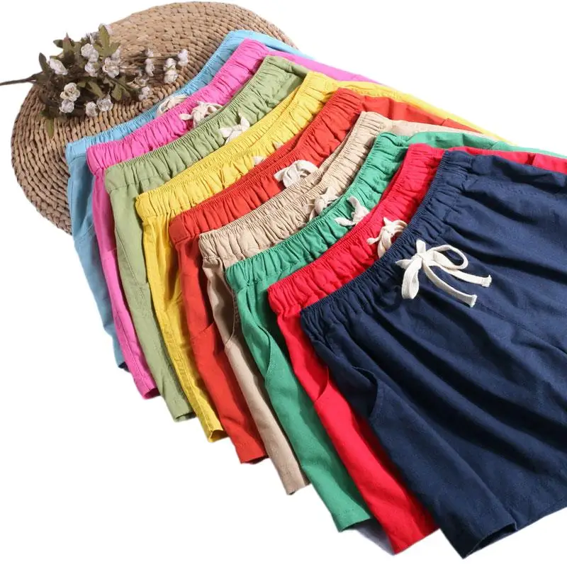 

Летние модные повседневные шорты из хлопка и льна, эластичные с высокой талией и шнурком, свободные широкие шорты, женские брюки