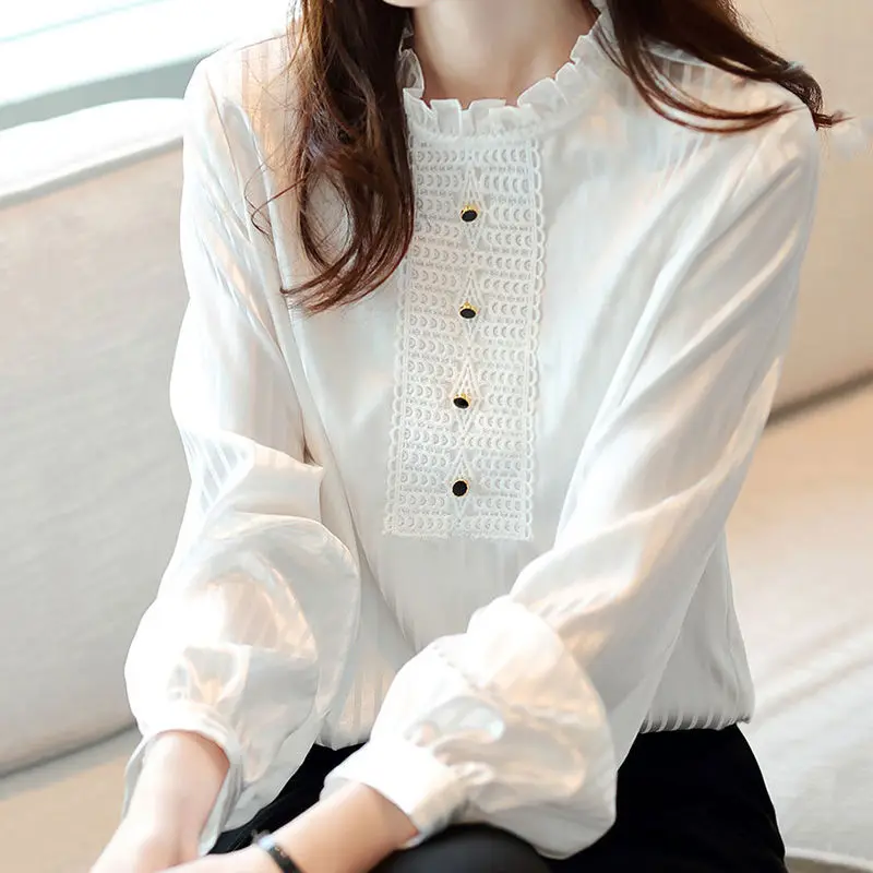 

Striped White Shirt Women 2022 Spring New In Design Long Sleeve Ruffles Stand Collar Frong Lace Office Lady Blouse Female Tops