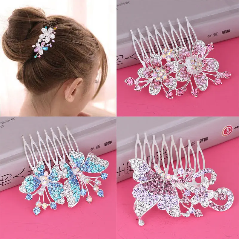 

Women Hair Comb Jewelry Kawaii Flower Butterfly Bees Full Zircon Stone Deco Hair Accessory Blingling Rhinestone Trinket for Teen