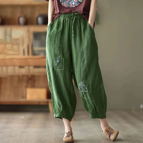 Брюки-султанки женские в этническом стиле, хлопково-льняные штаны с вышивкой, эластичным поясом, Повседневные в ретро стиле, на лето