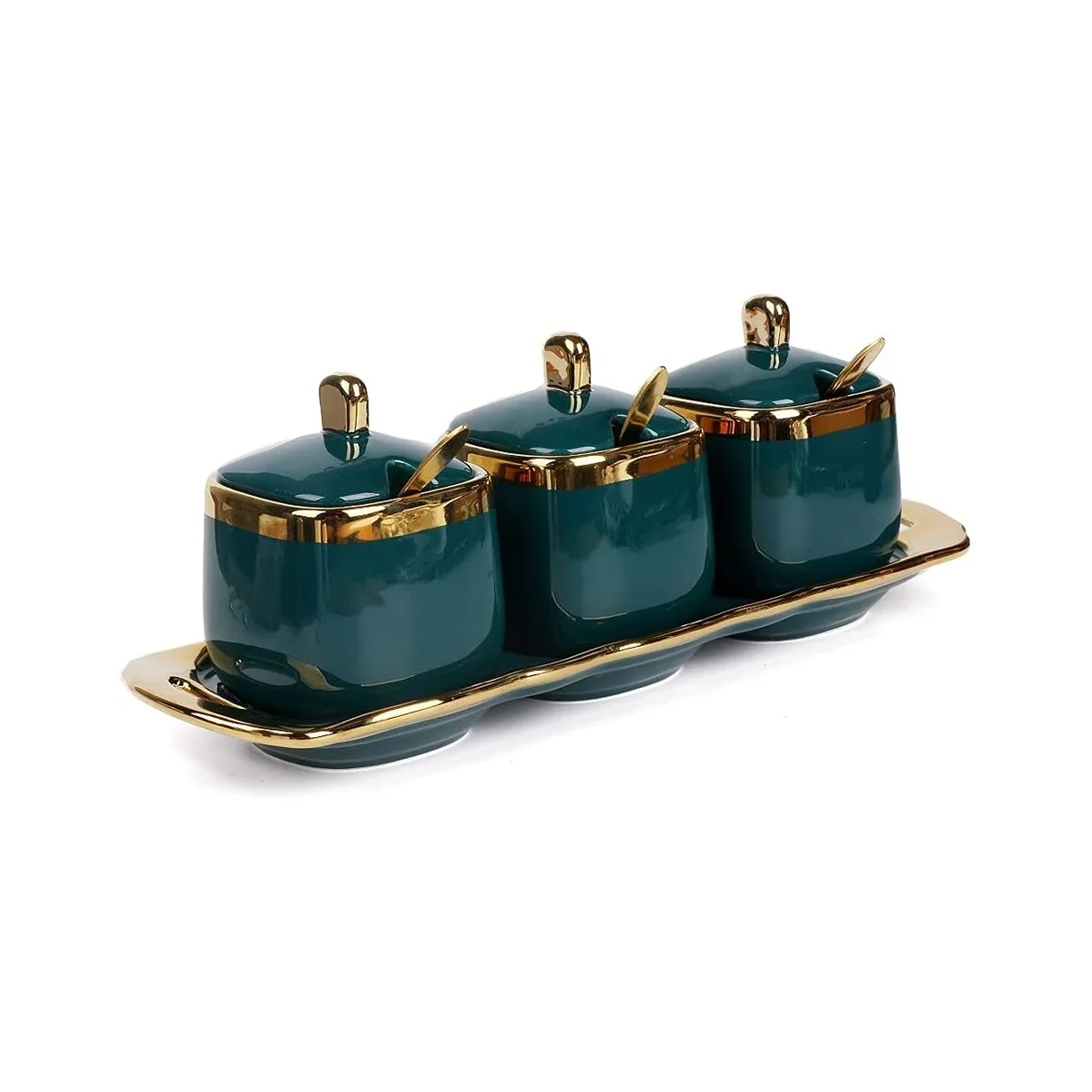 

3Pcs Ceramic Condiment Pots Porcelain Sugar Bowls Decorative Gold Salt Containers Pepper Boxes Kitchen Spice Jars,B
