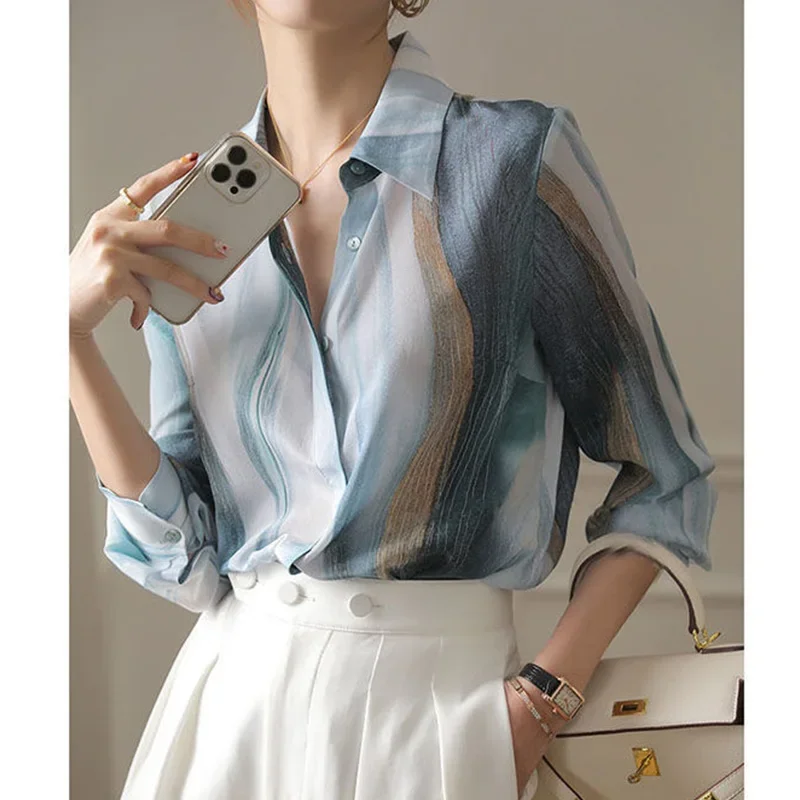 Женская шифоновая рубашка в полоску свободная блузка составного кроя с отложным