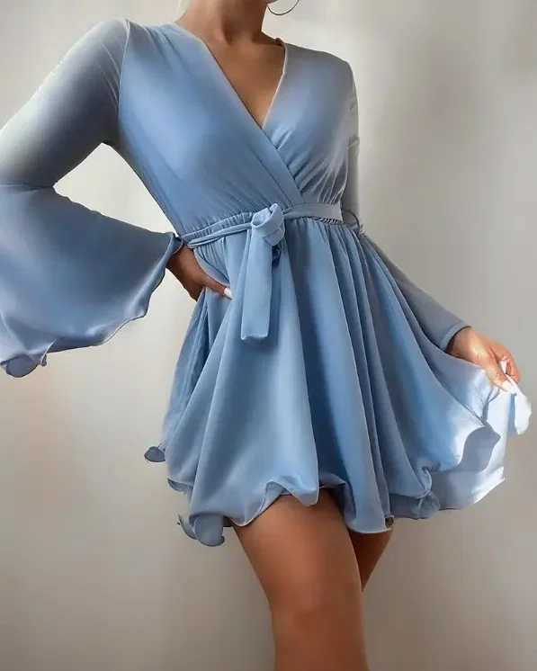 

Elegant Blue Dress for Women 2022 Summer Fashion New Bell Sleeve Tied Detail Frill Hemcasual V Neck Lace Up Dress
