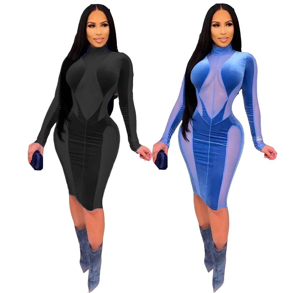 

Бархатные соблазнительные платья с высоким воротником, сетчатые Лоскутные однотонные модные вечерние со средней талией и длинным рукавом ...