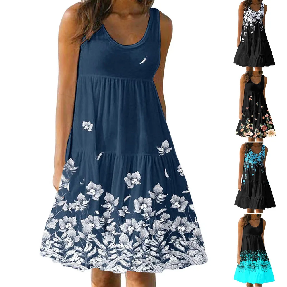 

Elegant Women's Casual Dresses 2023 Summer Lady Printed Sleeveless Loose Fitting Dress Beach Female Robe S-XXXL