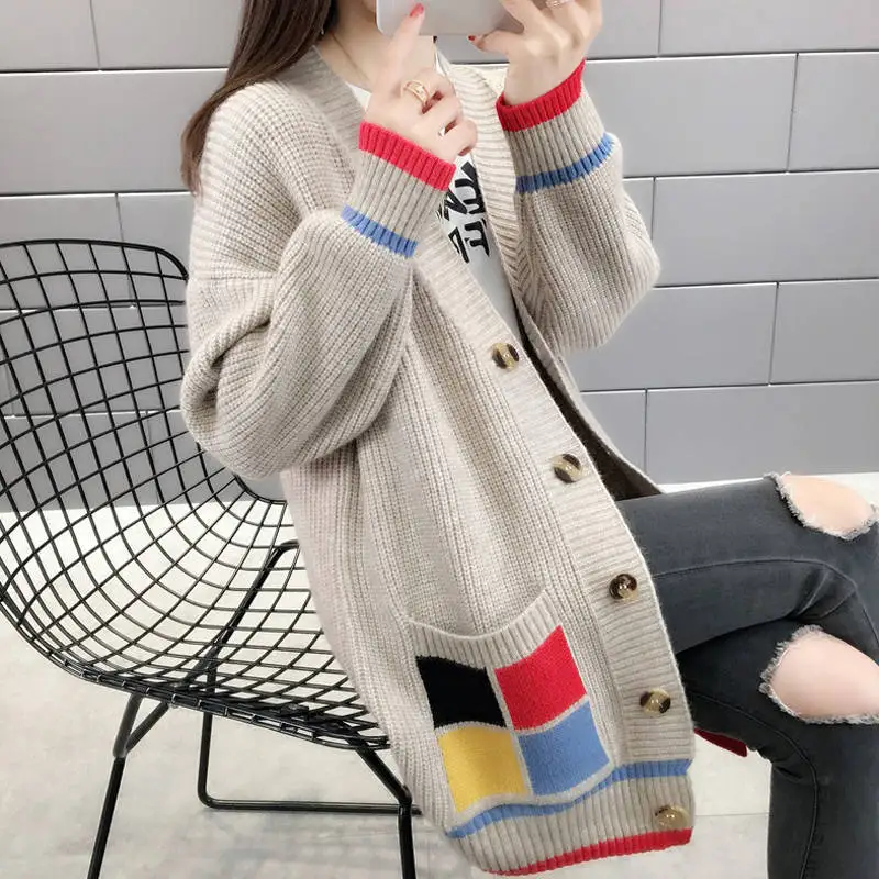 

Women Print Knitted Cardigan Female Warm Knitted Sweater Jacket Pocket Fashion Knit Cardigans Coat Ladies Loose Sweaters G131