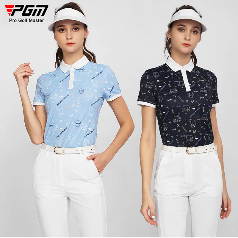 

PGM Summer Ladies Printed Slim Golf T-shirts Breathable Sports Shirts Women Elastic Quick-dry Training Jersey Lapel Blouse S-XL