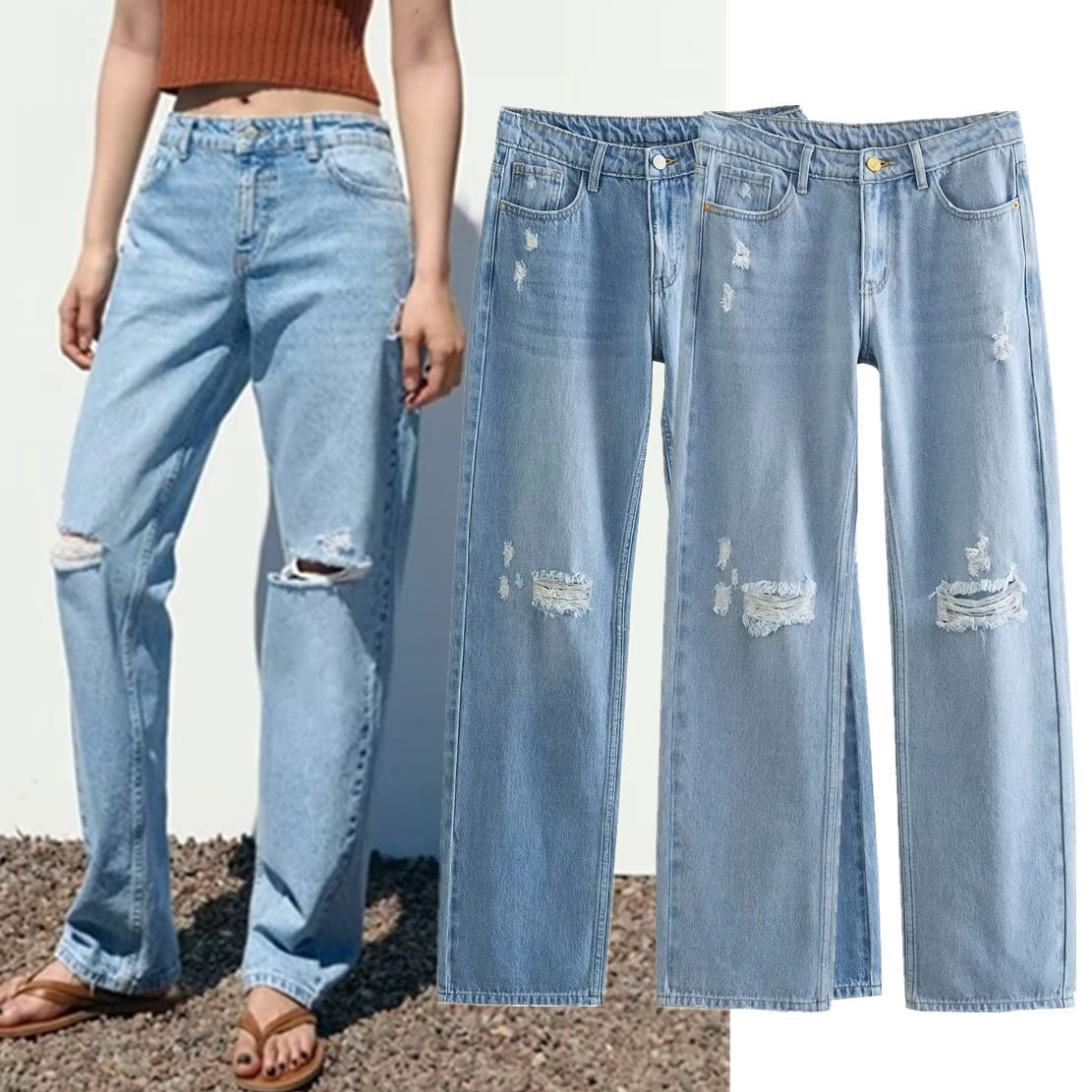 Withered Fashion Ladies Boyfriend Cargo Denim Pants Women American Retro Water Washing Ripped Loose Mom Jeans