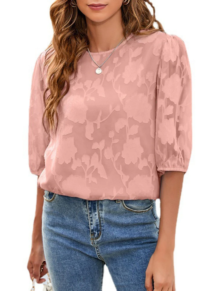 

Womens Middle Puff Sleeve Chiffon Loose Floral Blouse Tops