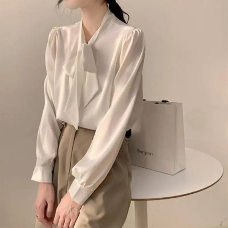 

Bow Knot White Shirt Women's Long-sleeved Spring and Autumn Design Chiffon Top Professional Interview Formal Shirt