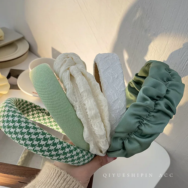 

Minar Korea Multiple White Green Color Cloth Headband for Women 2022 Pleated Print Plaid Wide Brimmed Hairband Hair Accessories