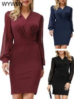 wywmy 2022 spring dress for women business elegant bodycon dresses hollow out long sleeved v neck dress party pencil dress short