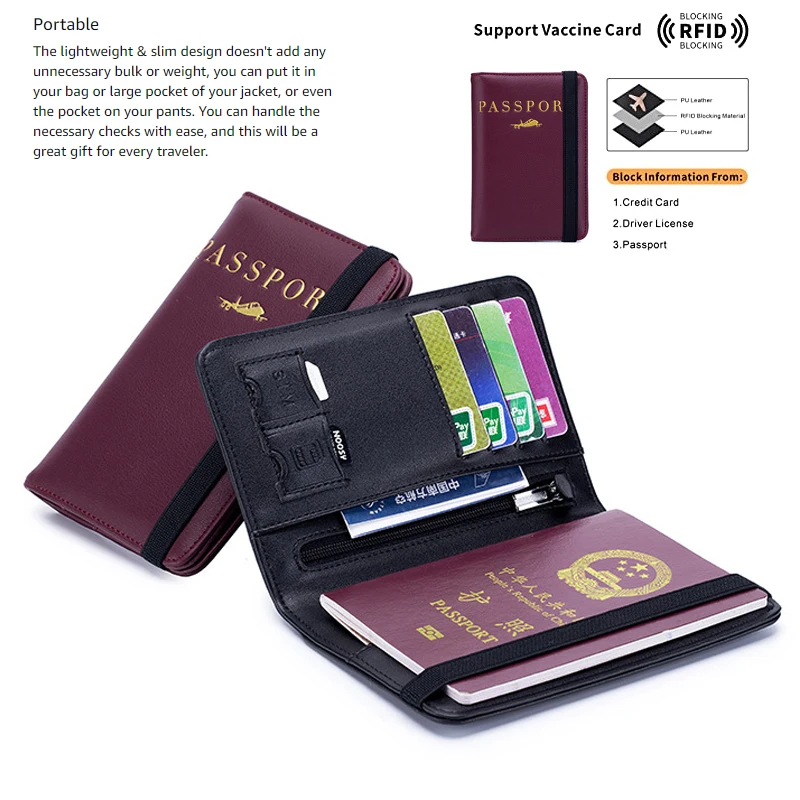Leather RFID Blocking Passport Holder with Elastic Strap Cowhide Travel Wallets Protector Cover Case Card Holder for Men/Women
