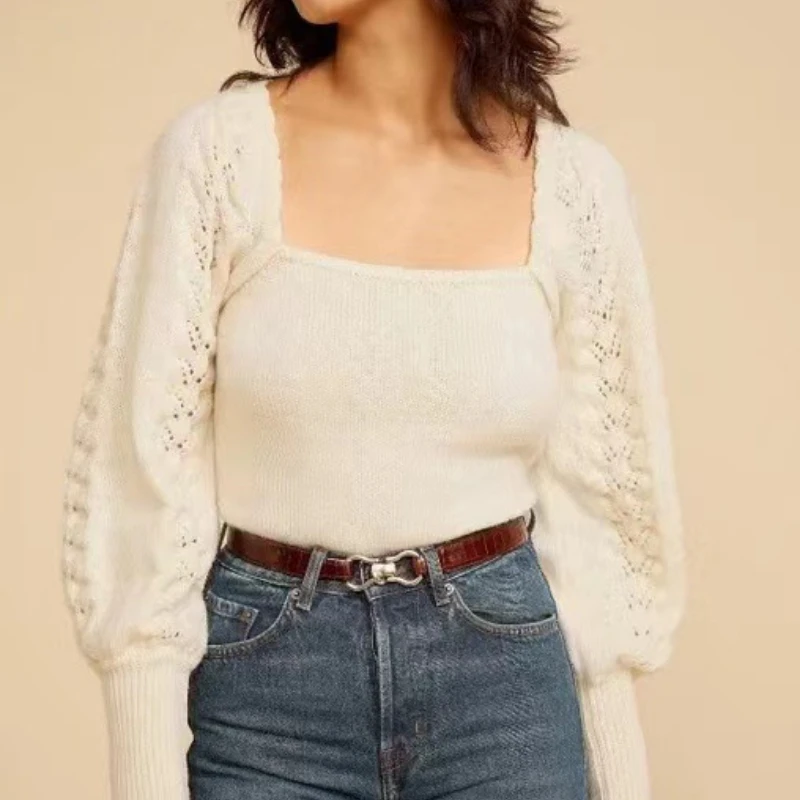 

Women's Retro Square Neck Hollow Crochet Sweater 2022 Early Autumn New Ladies Temperament Sexy Puff Sleeve Knit Pullover