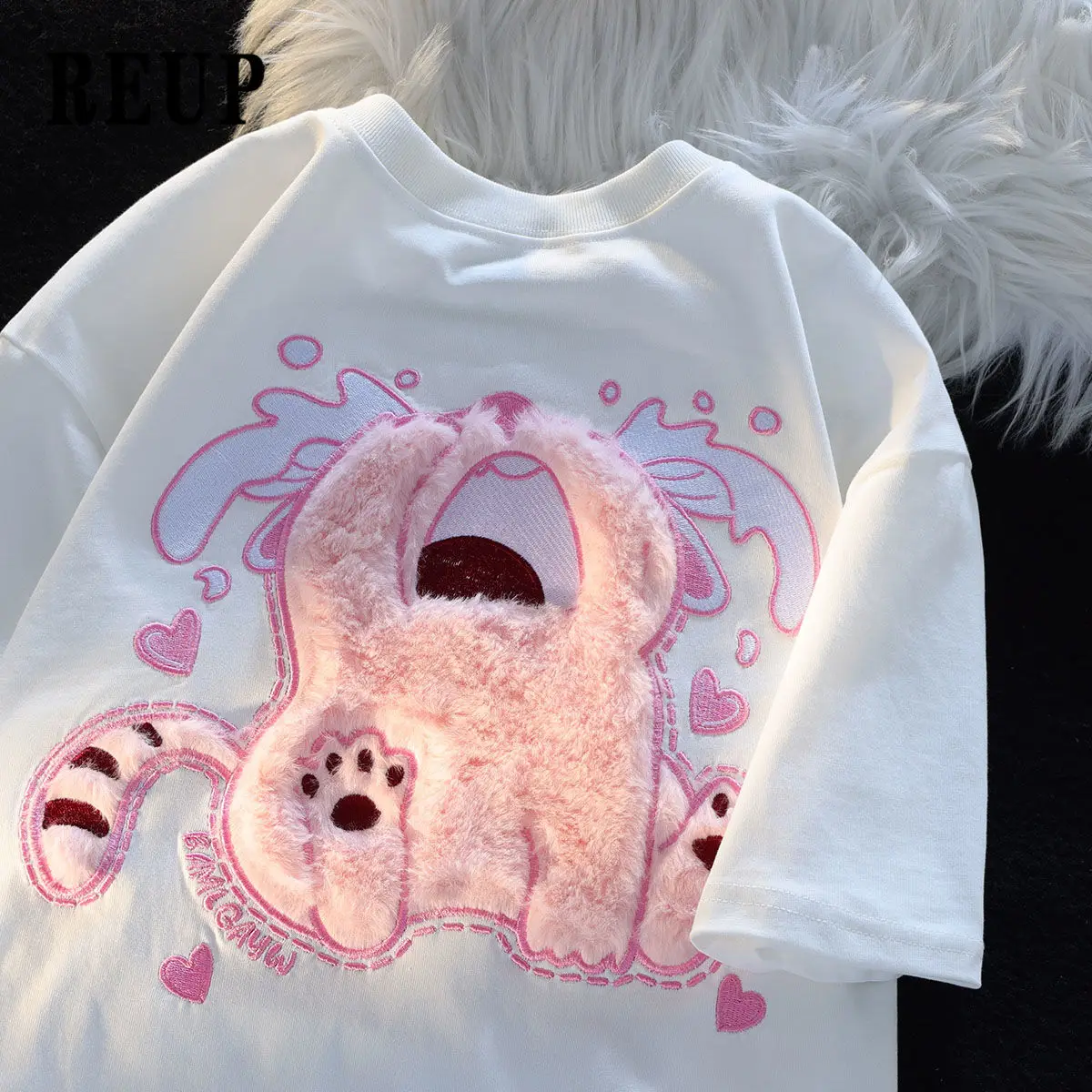 

Kawaii 3D Kitten Embroidered Loose T-Shirt Women's Summer Ins Sweet Art College Style Short-Sleeved Cotton Bottoming Tops Tide