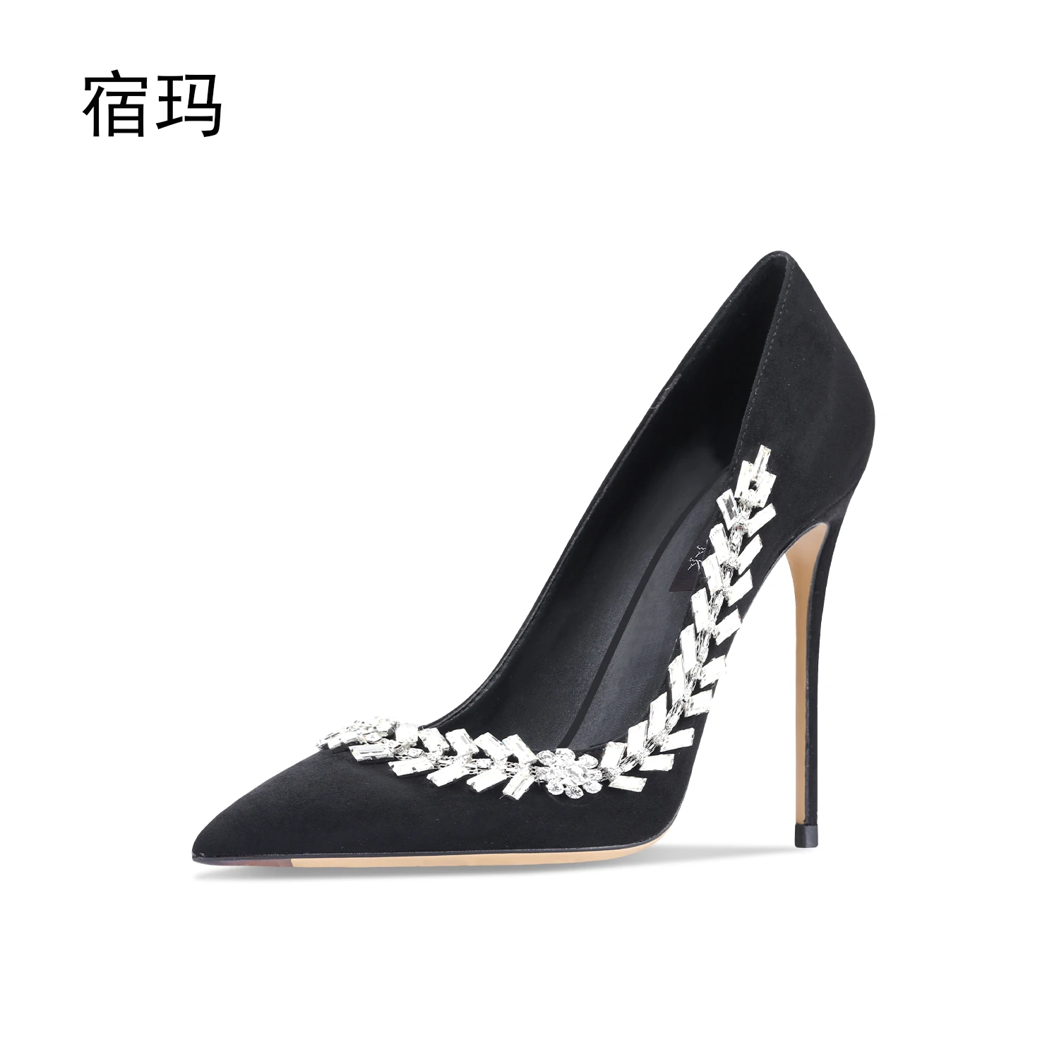 2023 New Suede Black Crystal Women Pumps Pointed Toe Rhinestone High Heels Fashion Stiletto Luxury Party Women Heels Shoes 10CM