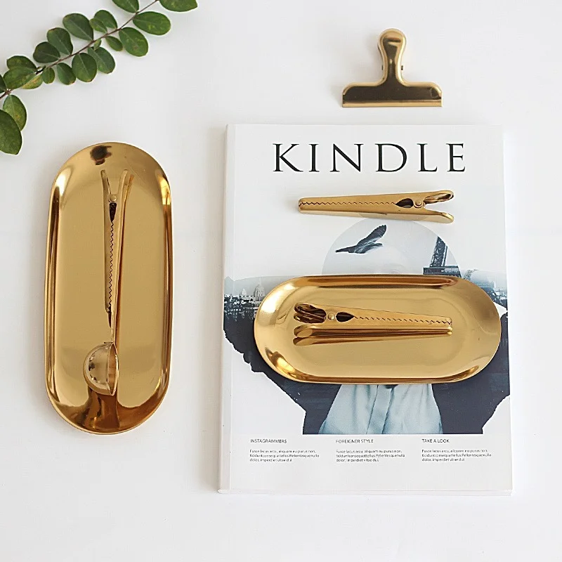 

Stainless Steel Gold Storage Tray Fruit Sancks Jewelry Display Plate Kitchen Organizer Tools Metal Seal Clip Bean Spoon Clip