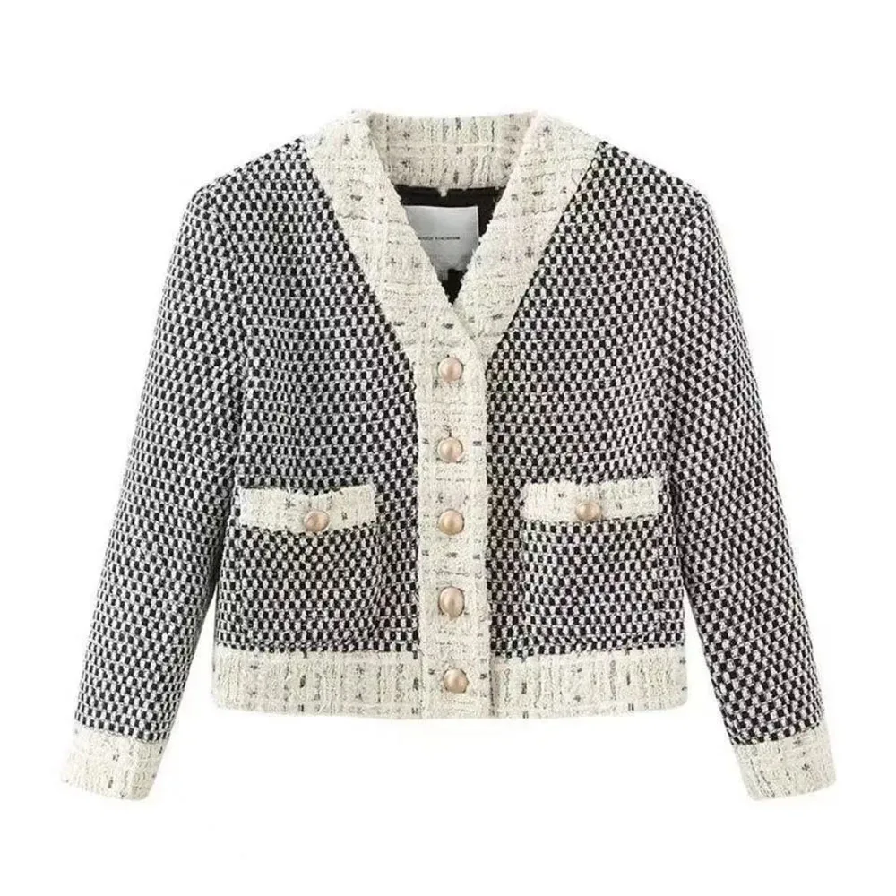 Женский твидовый жакет с V-образным вырезом длинным рукавом |