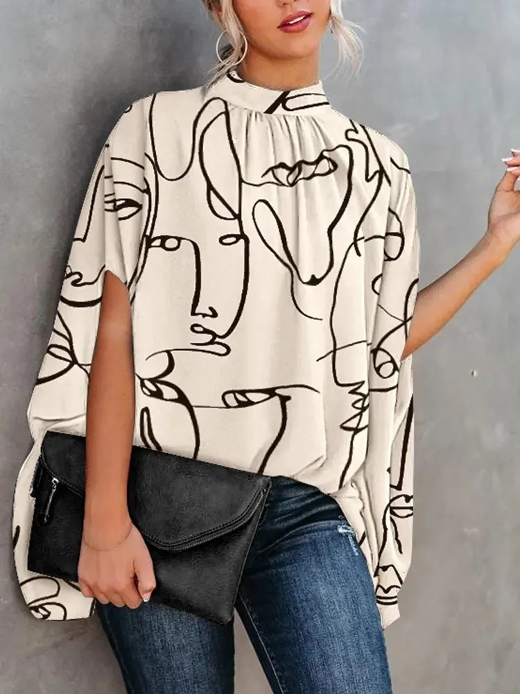 

Women's Casual Blouse Summer Fashion Print Batwing Sleeve O-neck Loose Shirts Top Office Ladies Elegant Solid Short Sleeve Tops