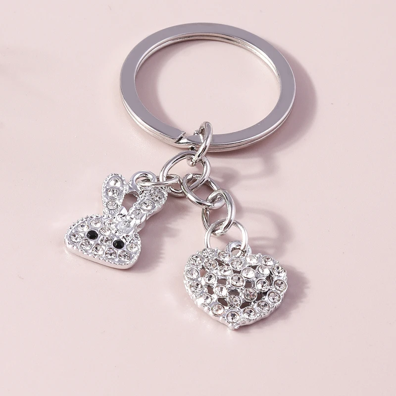 

Cute Crystal Love Heart Keychains Alloy Animal Rabbit Charms Keyrings for Women Men Car Key Handbag Pendants Key Chains DIY Gift